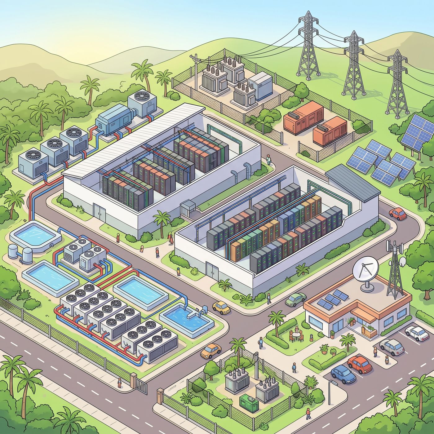 Illustration of a data center campus: buildings with rows of server racks, chillers, water tanks, a substation with transmission lines, generators and solar panels